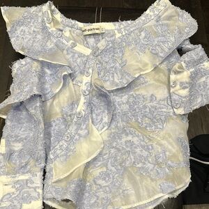 Self-Portrait Blue and White Bell Sleeve Blouse